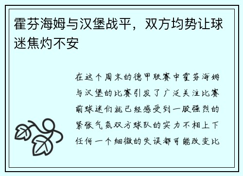 霍芬海姆与汉堡战平，双方均势让球迷焦灼不安