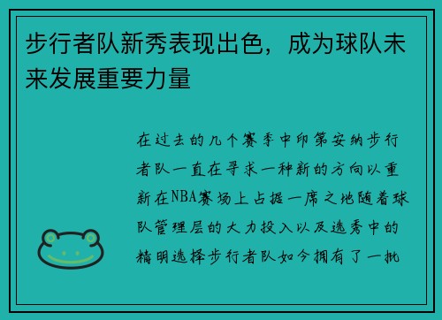 步行者队新秀表现出色，成为球队未来发展重要力量